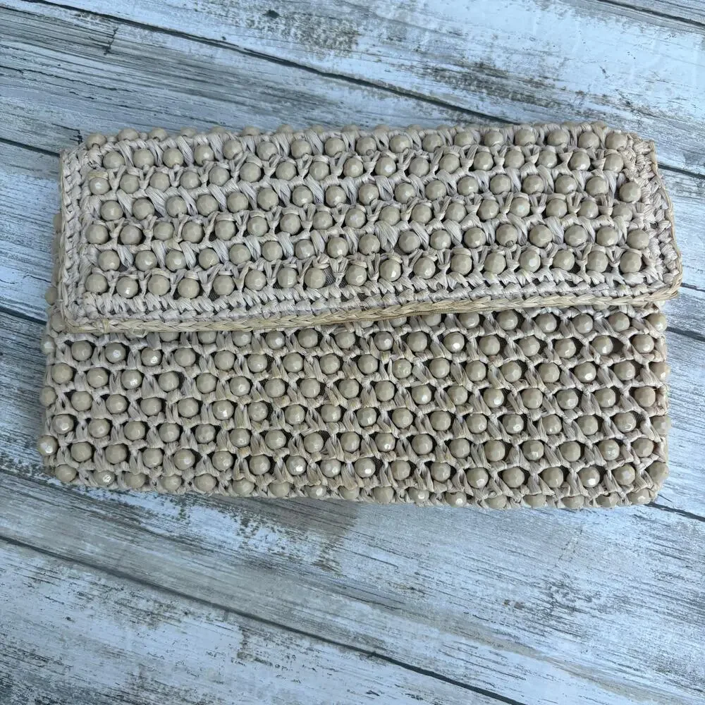 Barbara Lee Vintage Beaded Raffia Clutch Tan Beige Good Woven Made in‎ Italy